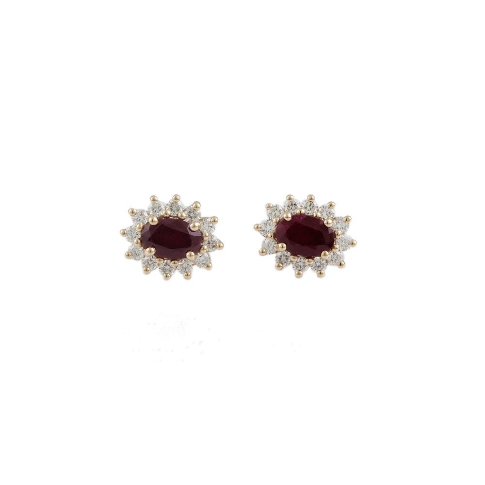 Yellow Gold 0.43ct Round Brilliant Cut Diamond and 1.18ct Oval Ruby Cluster Earrings