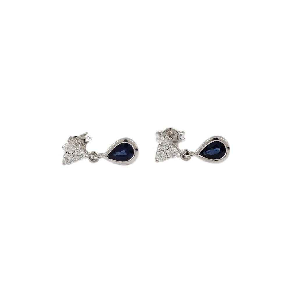 White Gold 0.41ct Round Brilliant Cut Diamond and 1.35ct Pear Blue Sapphire Two Stone Drop Earrings