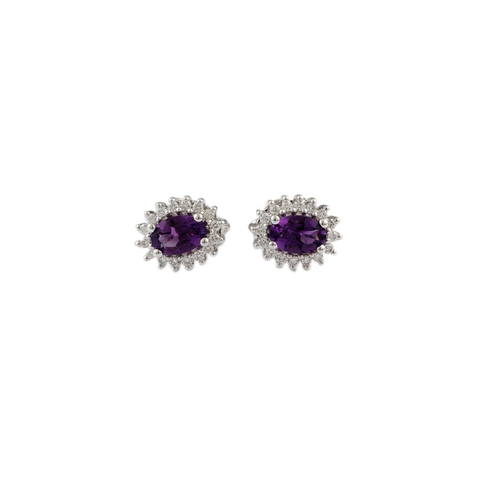White Gold 0.21ct Round Brilliant Cut Diamond and 0.84ct Oval Amethyst Cluster Earrings