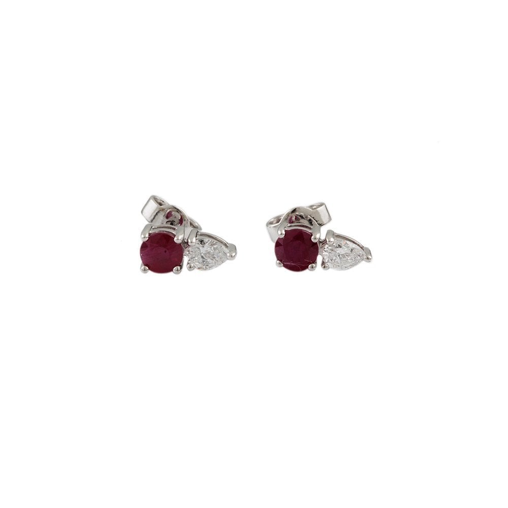 White Gold 0.31ct Pear Diamond and 0.18ct Round Ruby Two Stone Stud Earrings