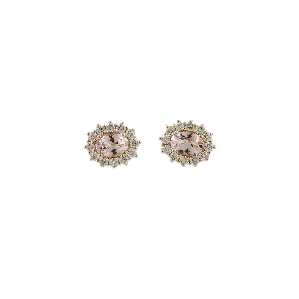 Yellow Gold 0.77ct Round Brilliant Cut Diamond and 1.29ct Oval Morganite Cluster Earrings