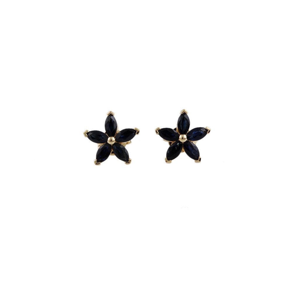 Yellow Gold 1.82ct Marquise Shaped Blue Sapphire Flower Cluster Earrings