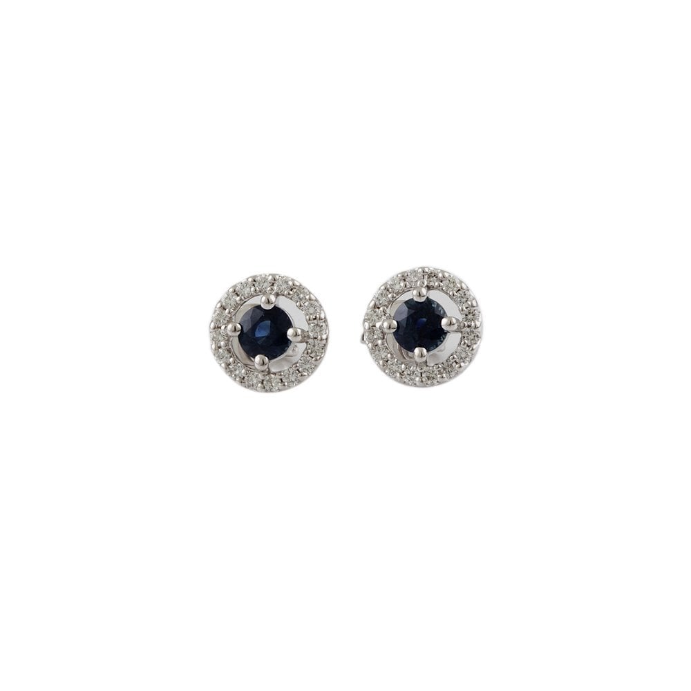 White Gold 0.36ct Round Brilliant Cut Diamond and 0.97ct Round Blue Sapphire Cluster Earrings