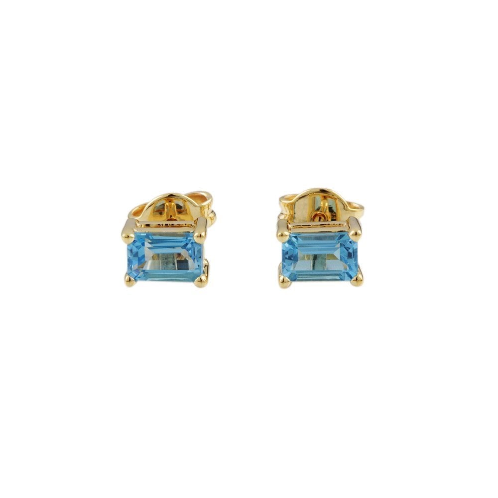 Yellow Gold 1.46ct Emerald Shaped Blue Topaz Single Stone Stud Earrings