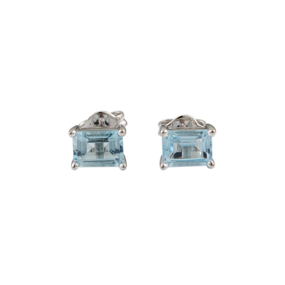 White Gold 2.65ct Emerald Shaped Blue Topaz Single Stone Stud Earrings