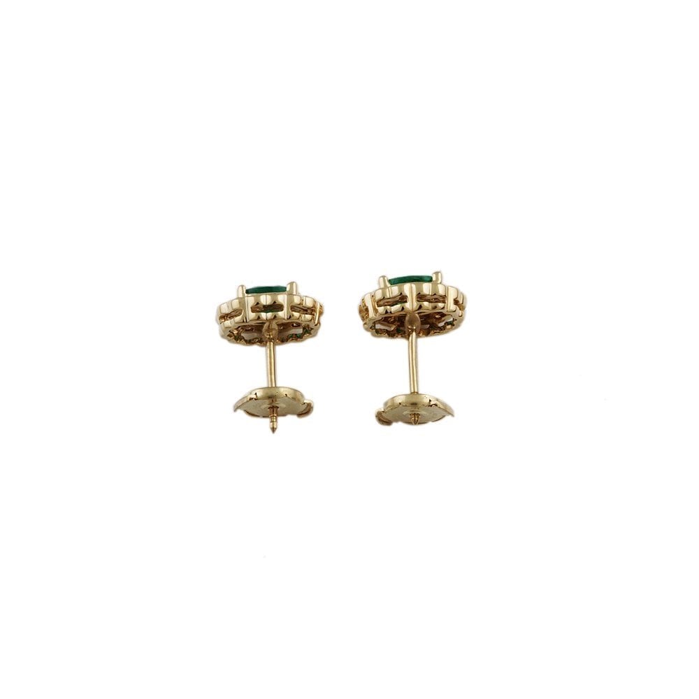 Yellow Gold 0.33ct Round Brilliant Cut Diamond and 0.80ct Oval Emerald Cluster Earrings