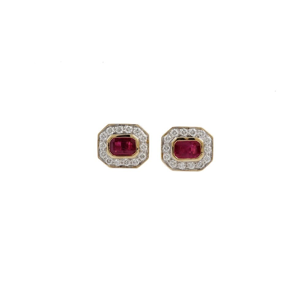 Yellow White Gold 0.51ct Round Brilliant Cut Diamond and 1.28ct Emerald Shaped Ruby Cluster Earrings