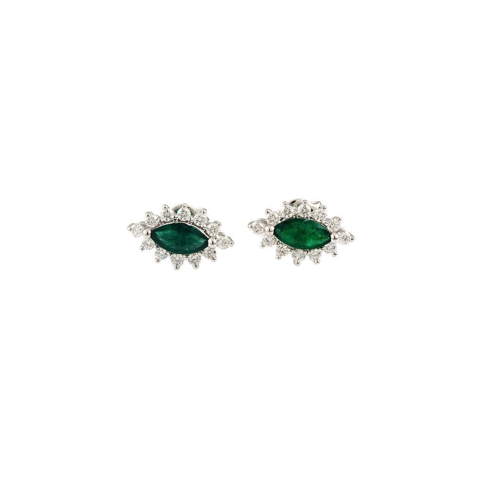 White Gold 0.50ct Round Brilliant Cut Diamond and 0.85ct Marquise Shaped Emerald Cluster Earrings