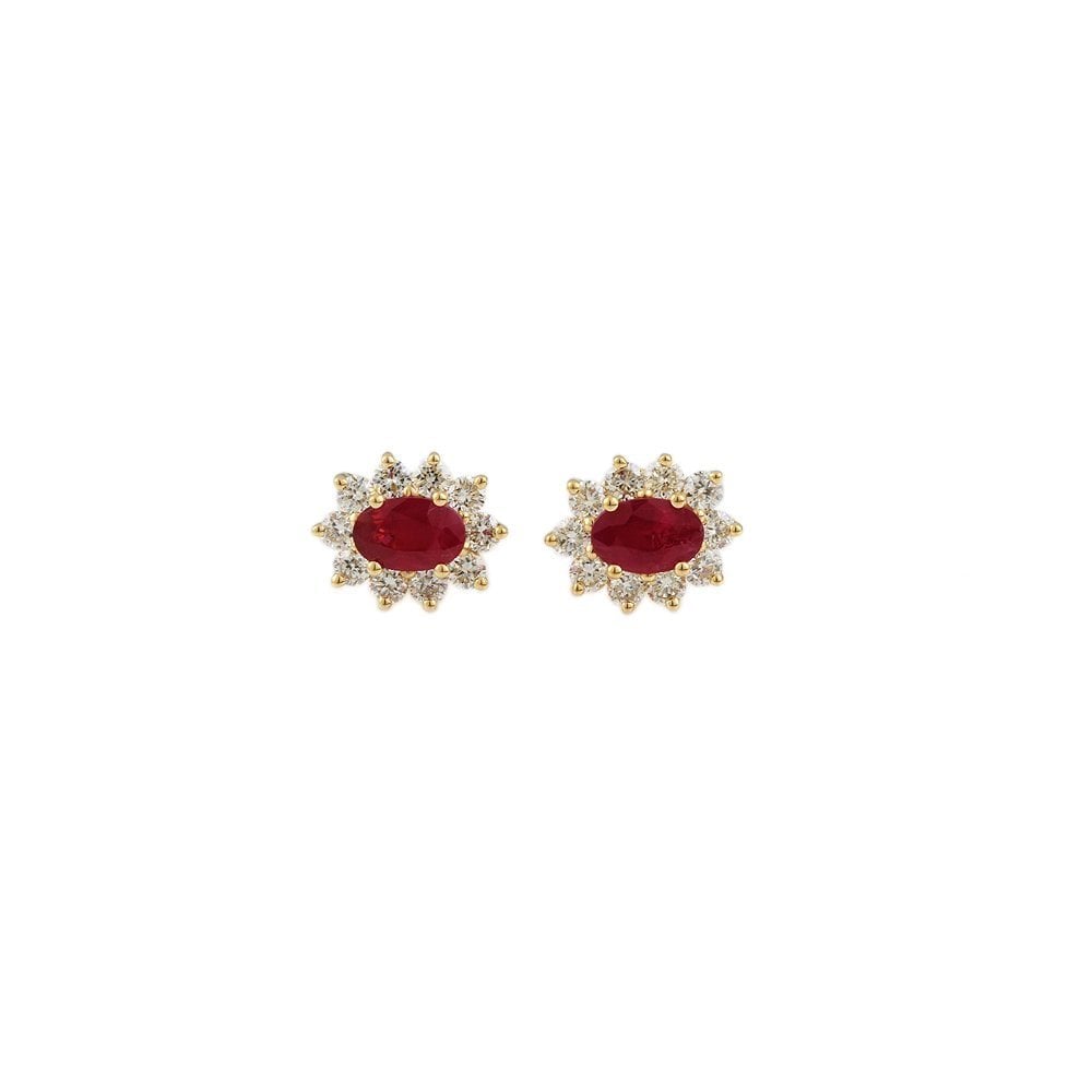 Yellow Gold 0.80ct Round Brilliant Cut Diamond and 1.19ct Oval Ruby Cluster Earrings