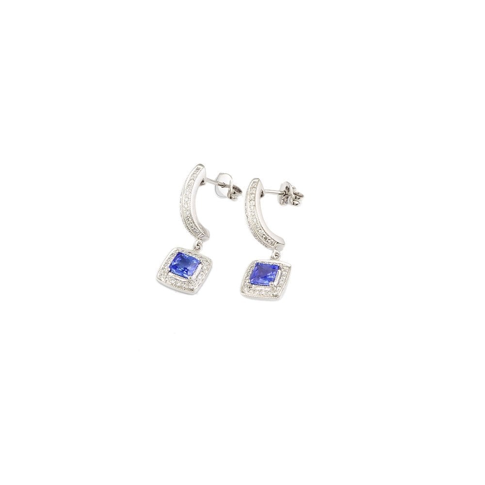 White Gold 0.52ct Round Brilliant Cut Diamond and 1.35ct Square Tanzanite Cluster Style Drop Earrings