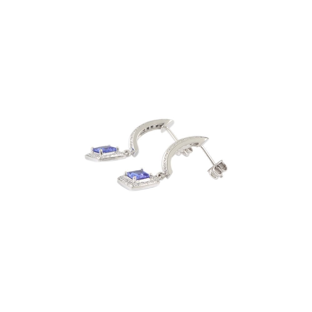 White Gold 0.52ct Round Brilliant Cut Diamond and 1.35ct Square Tanzanite Cluster Style Drop Earrings