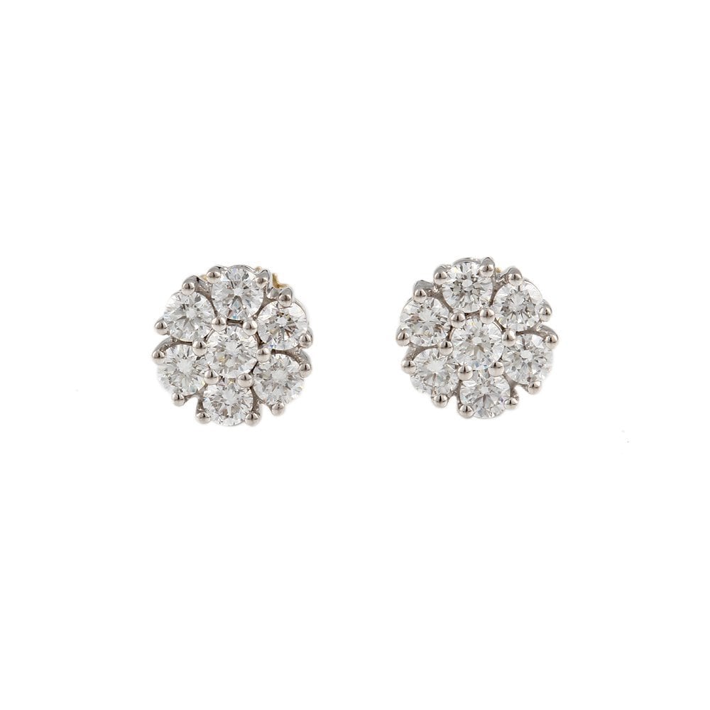 Yellow White Gold 1.53ct Round Brilliant Cut Diamond Cluster Earrings