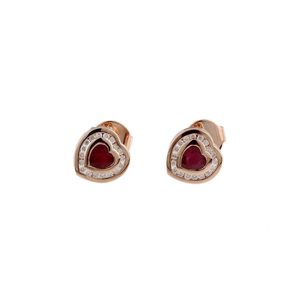 Yellow Gold 0.17ct Round Brilliant Cut Diamond and 0.64ct Heart Shaped Ruby Cluster Earrings