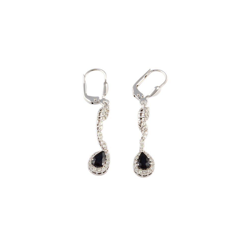 White Gold 0.48ct Round Brilliant Cut Diamond and 0.99ct Pear Blue Sapphire Cluster Style Drop Earrings