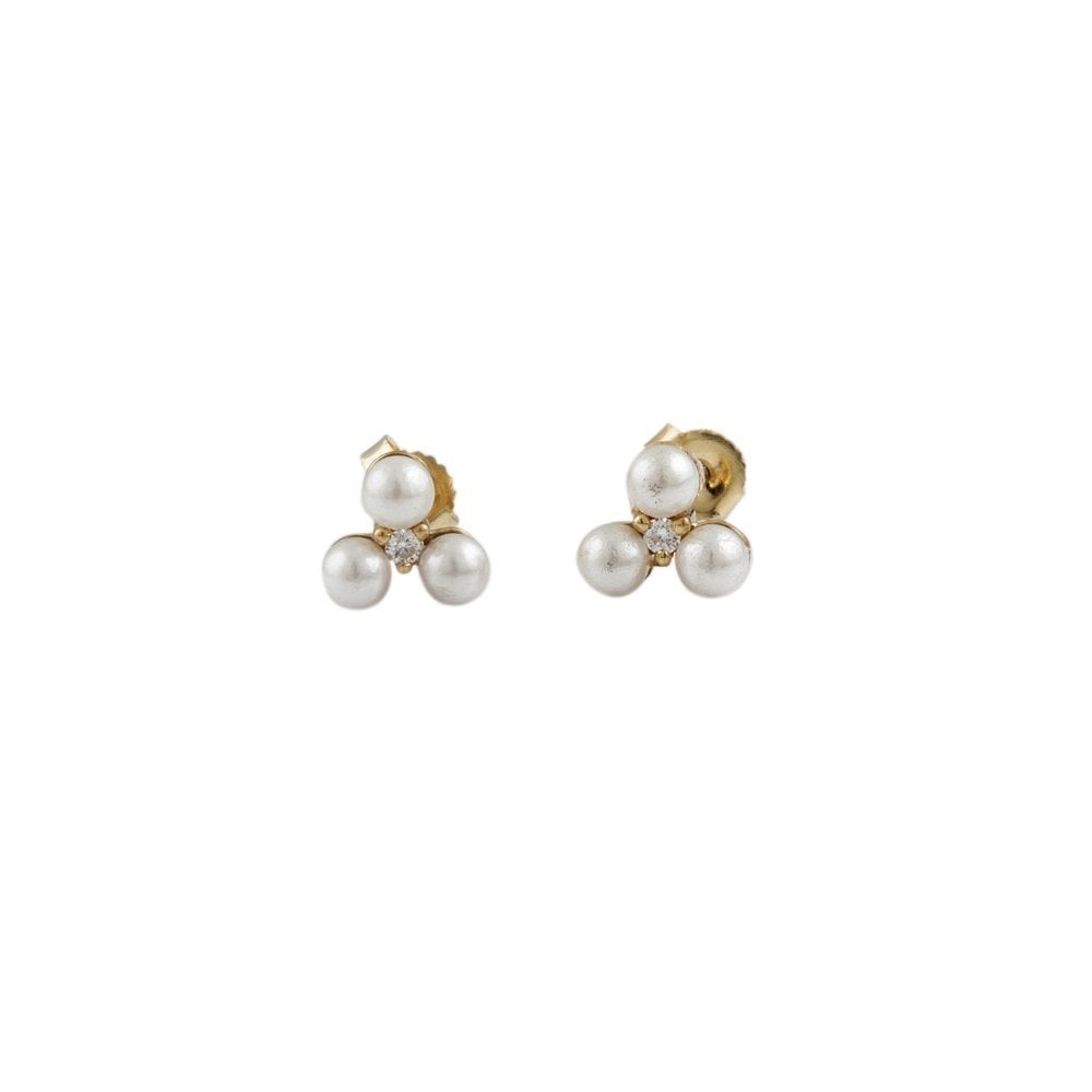 Yellow Gold 0.04ct Round Brilliant Cut Diamond and 1mm Round Pearl Three Stone Stud Earrings