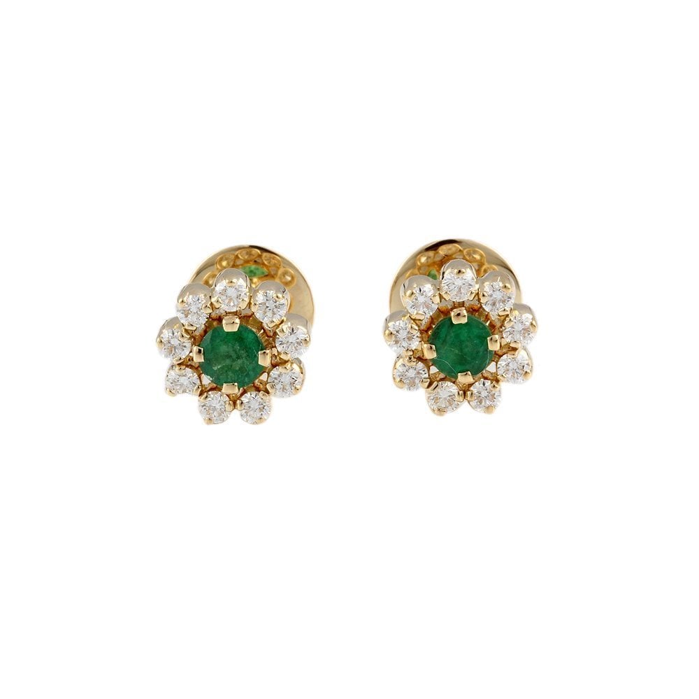 Yellow Gold 0.90ct Round Brilliant Cut Diamond and 0.72ct Round Emerald Cluster Earrings