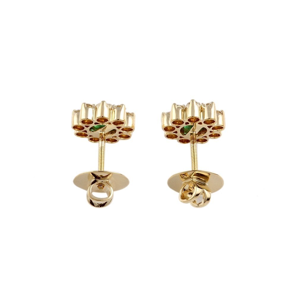 Yellow Gold 0.90ct Round Brilliant Cut Diamond and 0.72ct Round Emerald Cluster Earrings