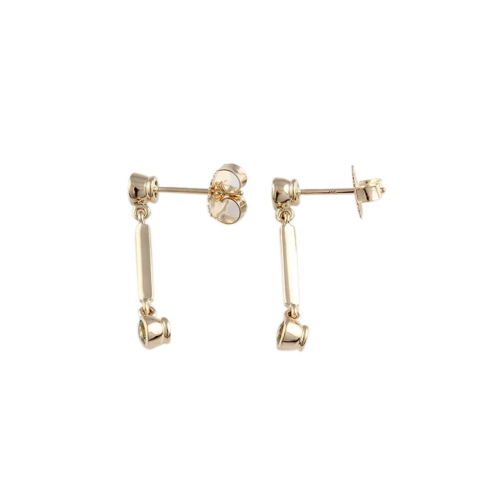 Yellow Gold 0.27ct Round Peridot and 0.18ct Round Aquamarine Two Stone Bar Style Drop Earrings