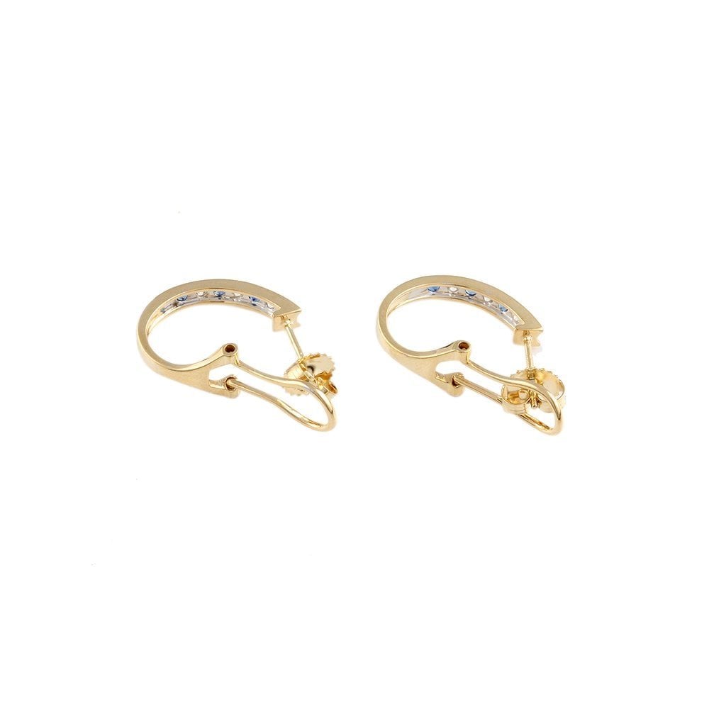 Yellow Gold 0.27ct Round Brilliant Cut Diamond and 0.32ct Round Blue Sapphire Half Hoop Earrings