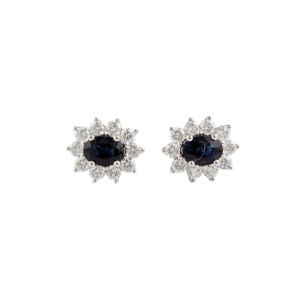 White Gold 1.47ct Round Brilliant Cut Diamond and 2.33ct Oval Blue Sapphire Cluster Earrings