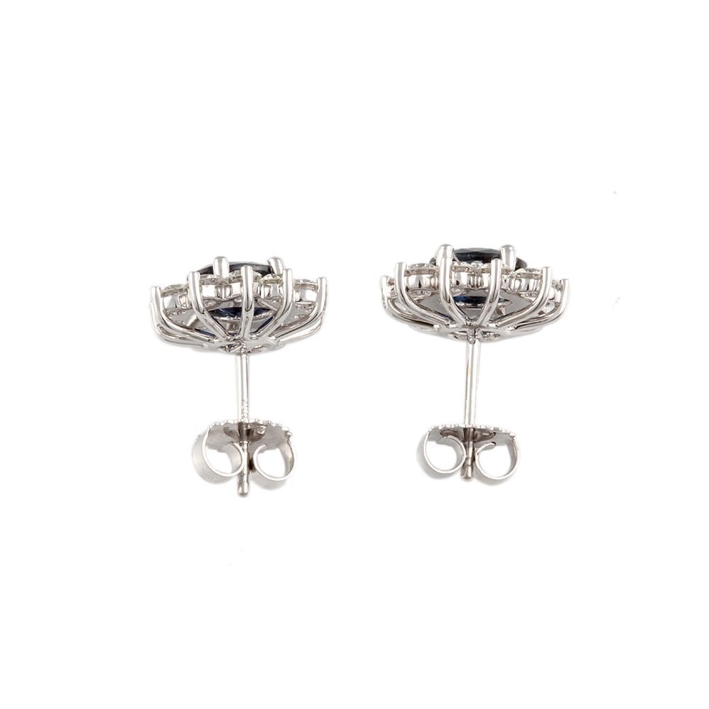 White Gold 1.47ct Round Brilliant Cut Diamond and 2.33ct Oval Blue Sapphire Cluster Earrings