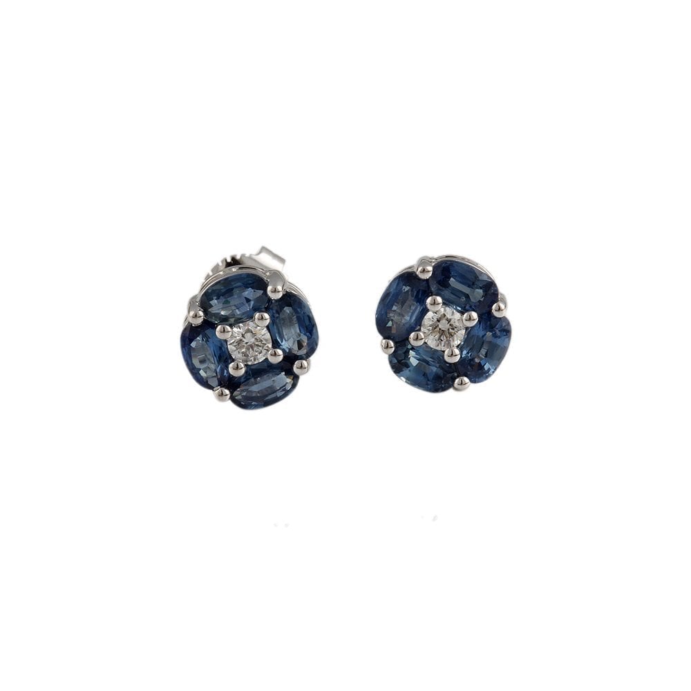 White Gold 0.20ct Round Brilliant Cut Diamond and 2.32ct Oval Blue Sapphire Cluster Earrings