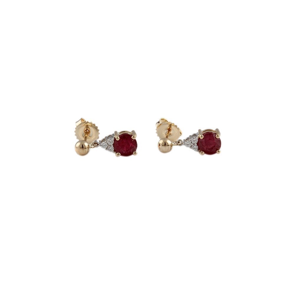 Yellow White Gold 0.14ct Round Brilliant Cut Diamond and 2.98ct Round Ruby Drop Earrings