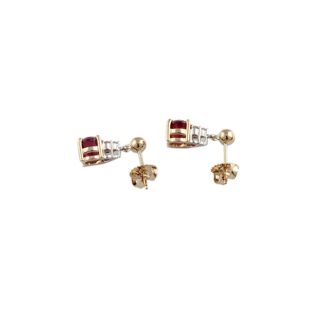 Yellow White Gold 0.14ct Round Brilliant Cut Diamond and 2.98ct Round Ruby Drop Earrings