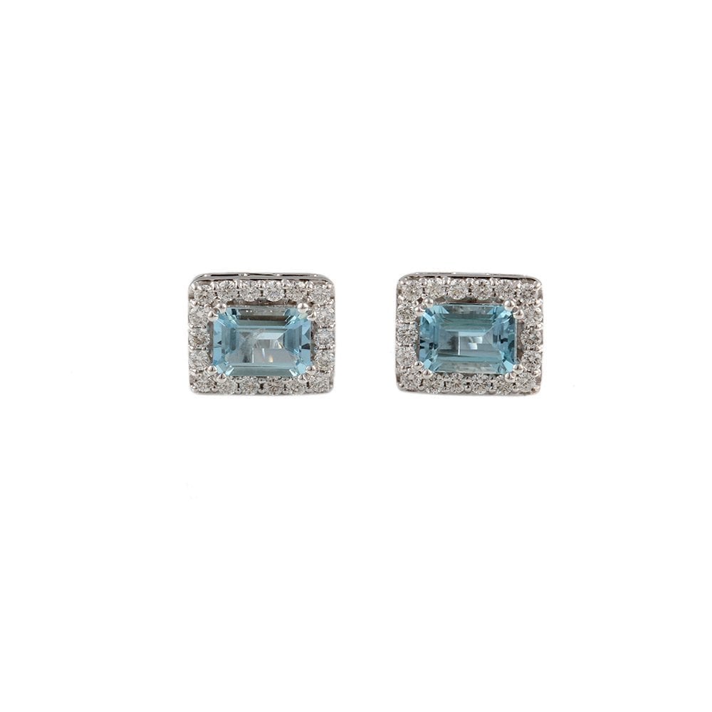 White Gold 0.52ct Round Brilliant Cut Diamond and 1.73ct Emerald Shaped Aquamarine Cluster Earrings