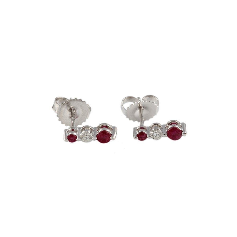 White Gold 0.12ct Round Brilliant Cut Diamond and 0.37ct Round Ruby Three Stone Drop Earrings