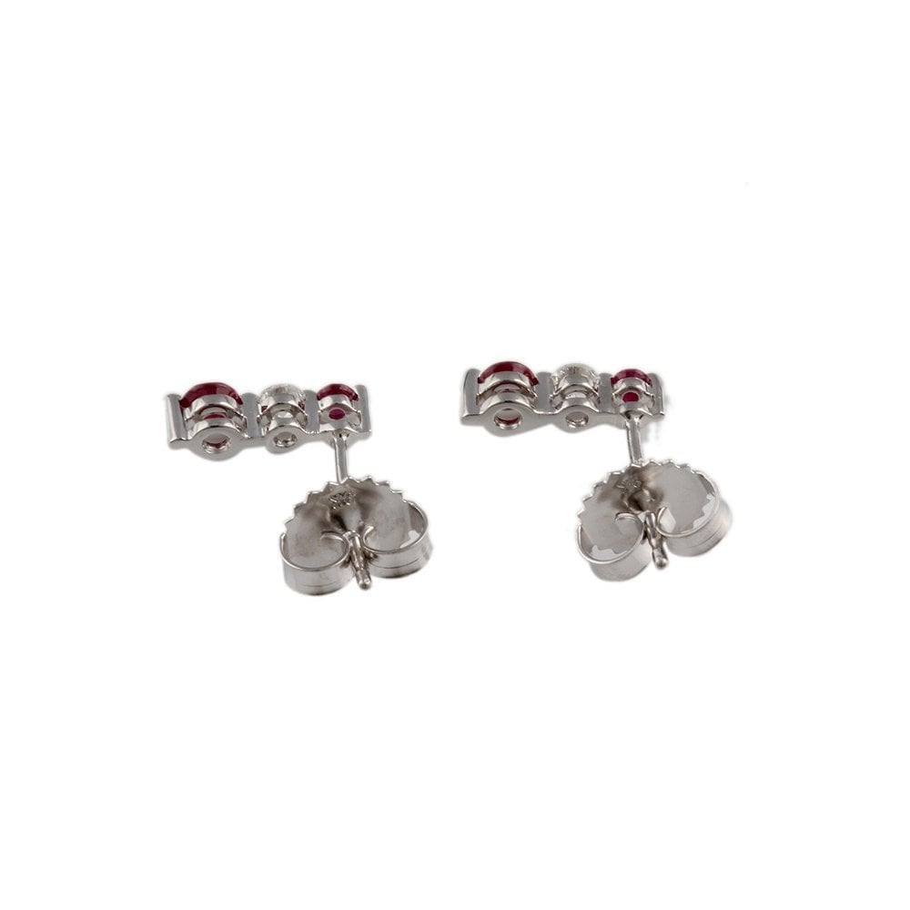 White Gold 0.12ct Round Brilliant Cut Diamond and 0.37ct Round Ruby Three Stone Drop Earrings