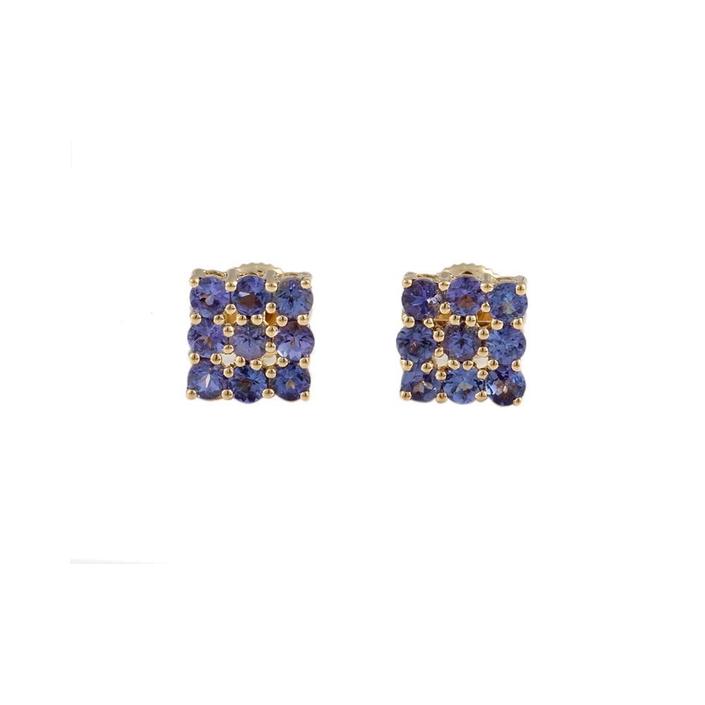 Yellow Gold 1.64ct Round Brilliant Cut Tanzanite Cluster Earrings