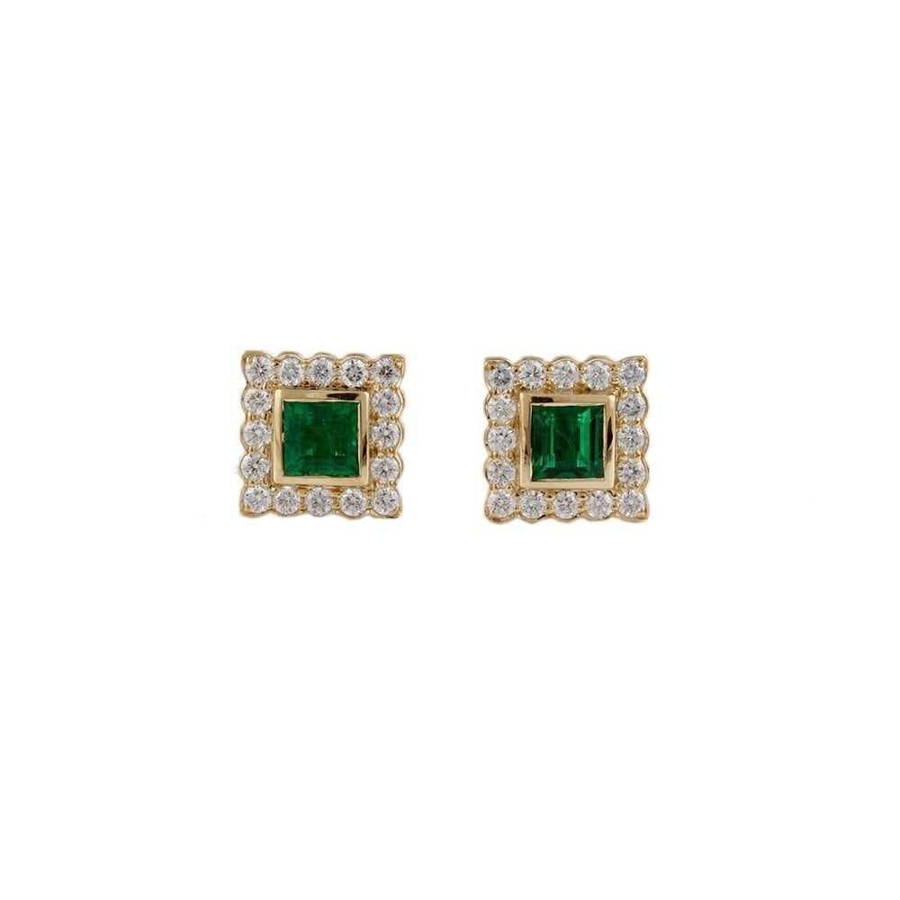 Yellow Gold 0.55ct Round Brilliant Cut Diamond and 0.90ct Square Emerald Cluster Earrings