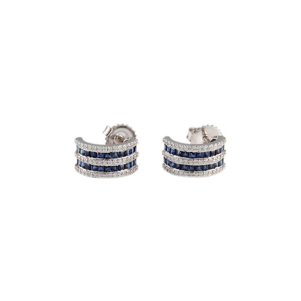 White Gold 0.35ct Round Brilliant Cut Diamond and 1.16ct Square Blue Sapphire Half Hoop Earrings