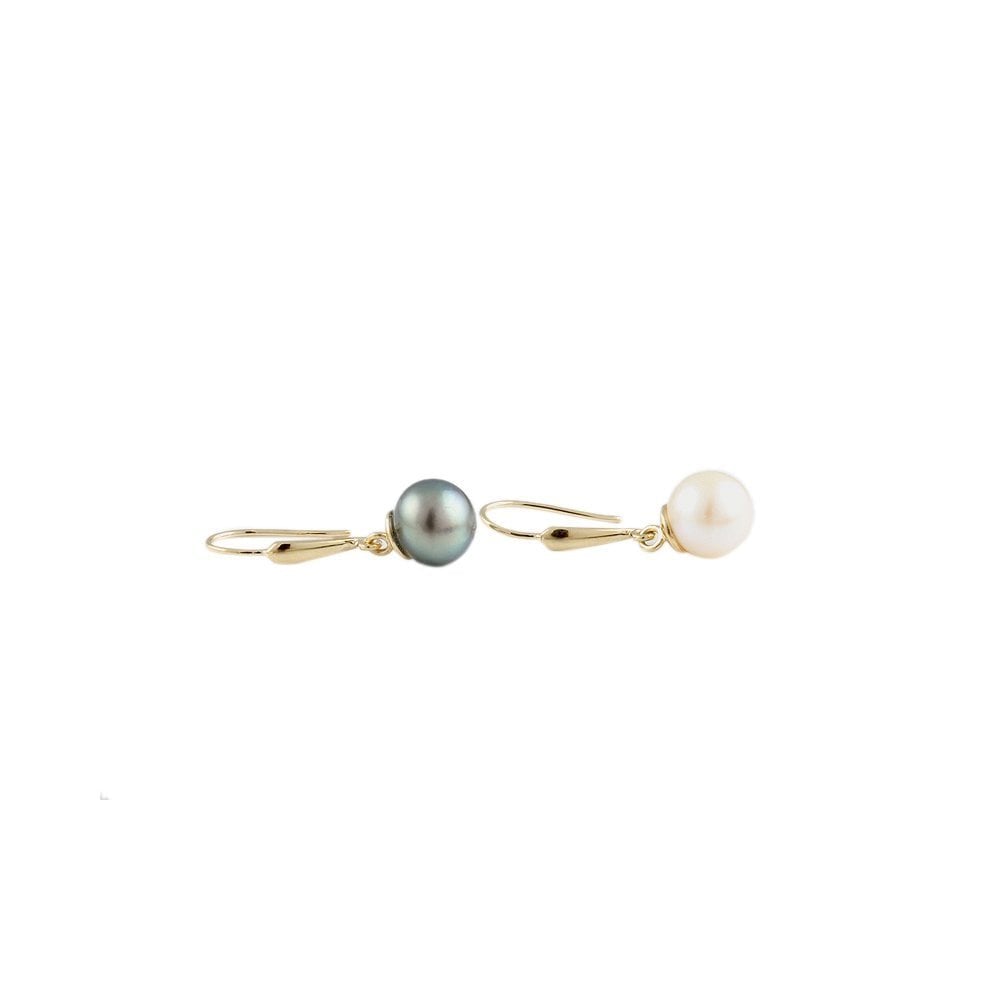 Yellow Gold 10mm Black and White Pearl Drop Earrings