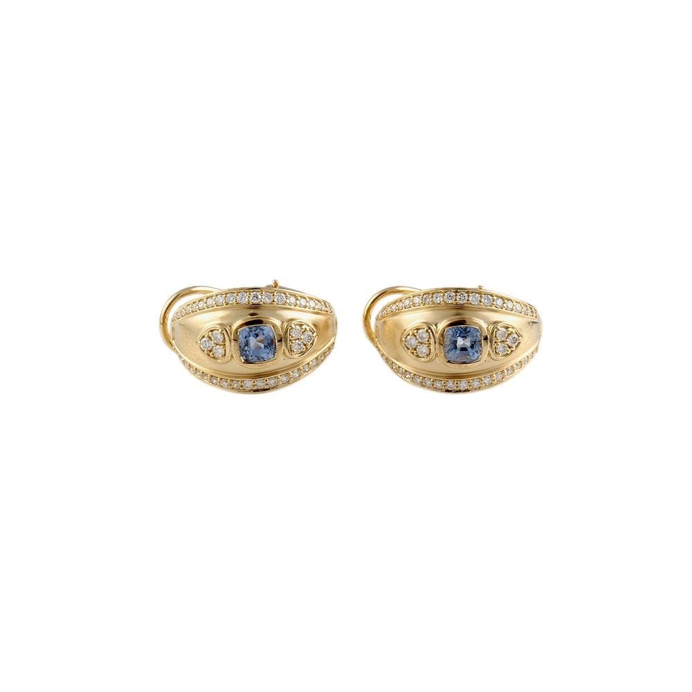Yellow Gold 0.91ct Round Brilliant Cut Diamond and 1.97ct Round Blue Sapphire Hoop Earrings