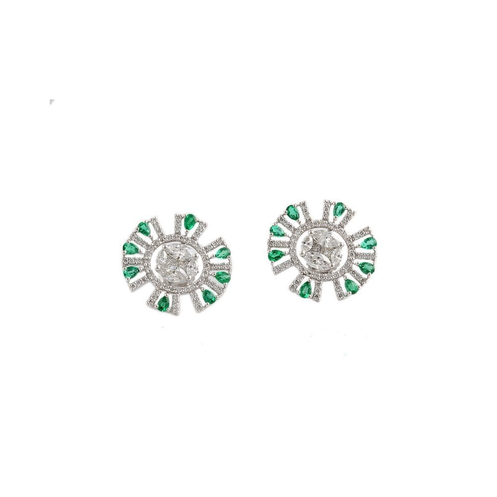 White Gold 1.59ct Diamond and 0.91ct Pear Emerald Cluster Earrings