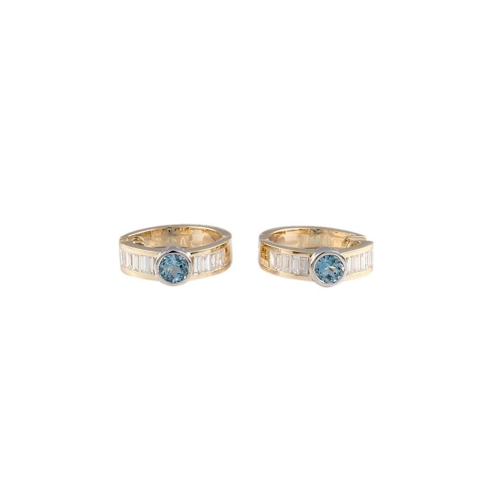 Yellow Gold 0.46ct Baguette Diamond and 0.51ct Round Brilliant Cut Aquamarine Hoop Earrings