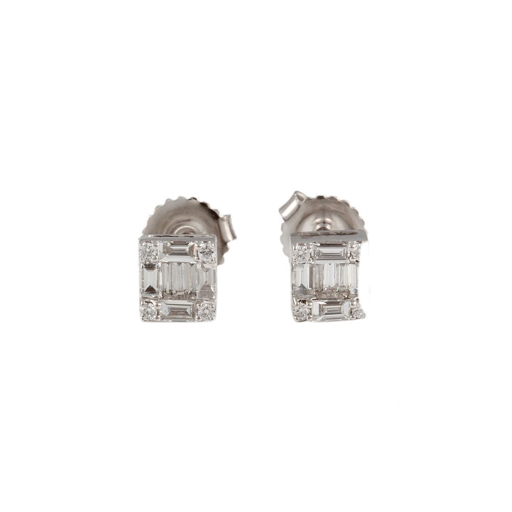 White Gold 0.51ct Baguette and Round Brilliant Cut Diamond Cluster Earrings