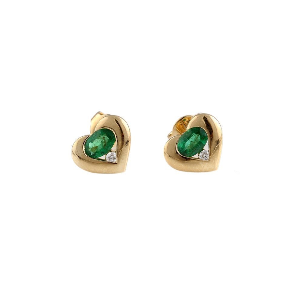 Yellow gold 0.06ct Round Brilliant Cut Diamond and 0.84ct Oval emerald Stud Earrings