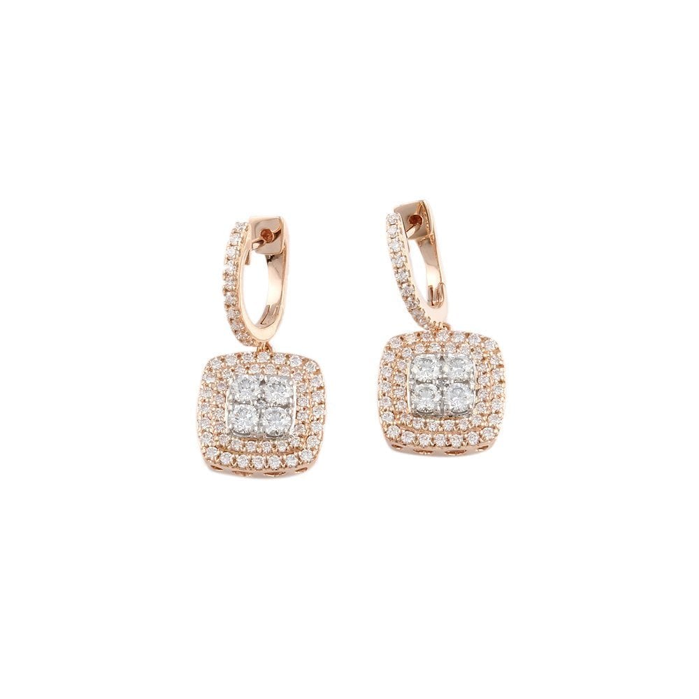 White and Rose Gold 1.53ct Round Brilliant Cut Diamond Cluster Style Drop Earrings