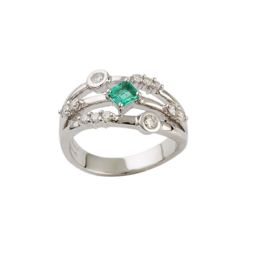 White Gold 0.30ct Square Emerald and 0.47ct Round Brilliant Cut Diamond Bubble Ring