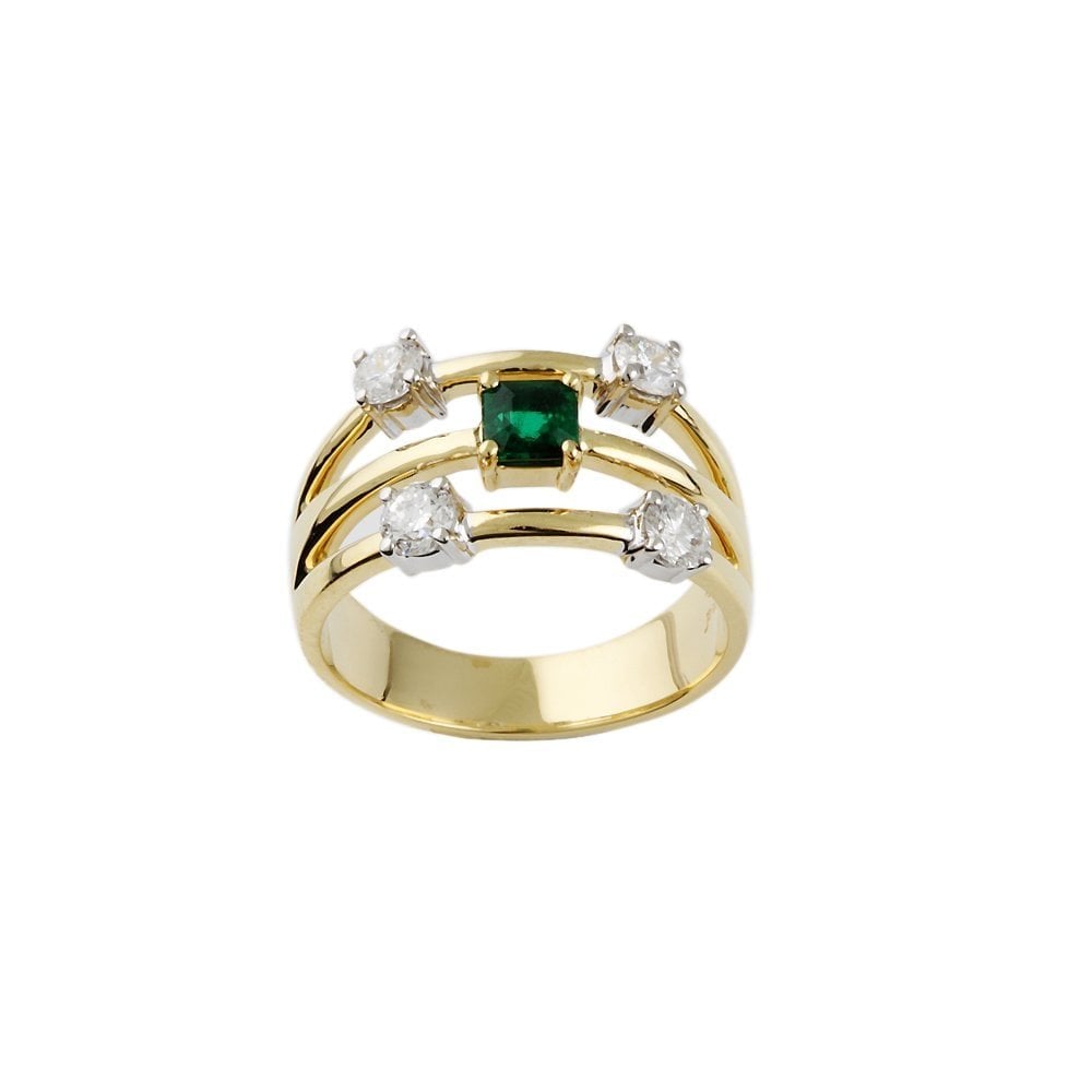 Yellow and White Gold 0.32ct Square Emerald and 0.54ct Round Brilliant Cut Diamond Bubble Ring