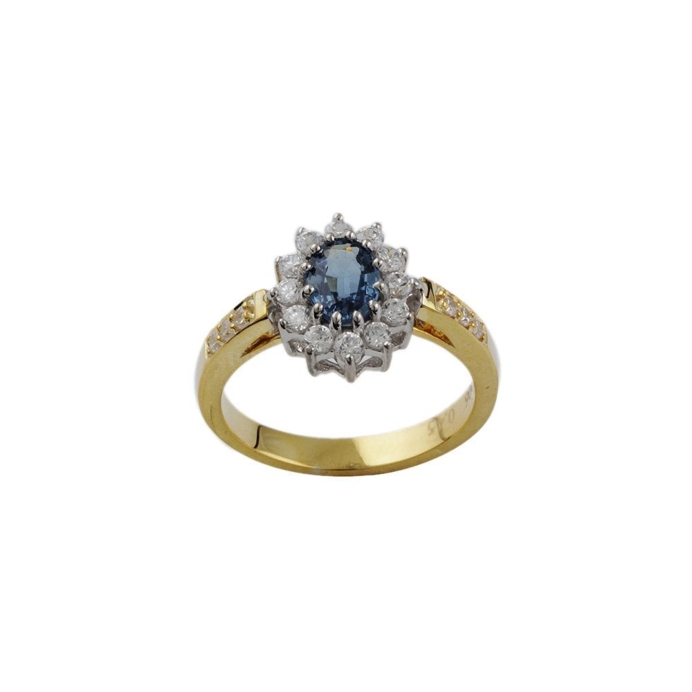 Yellow and White Gold 0.58ct Oval Blue Sapphire and 0.30ct Round Brilliant Diamond Cluster Ring