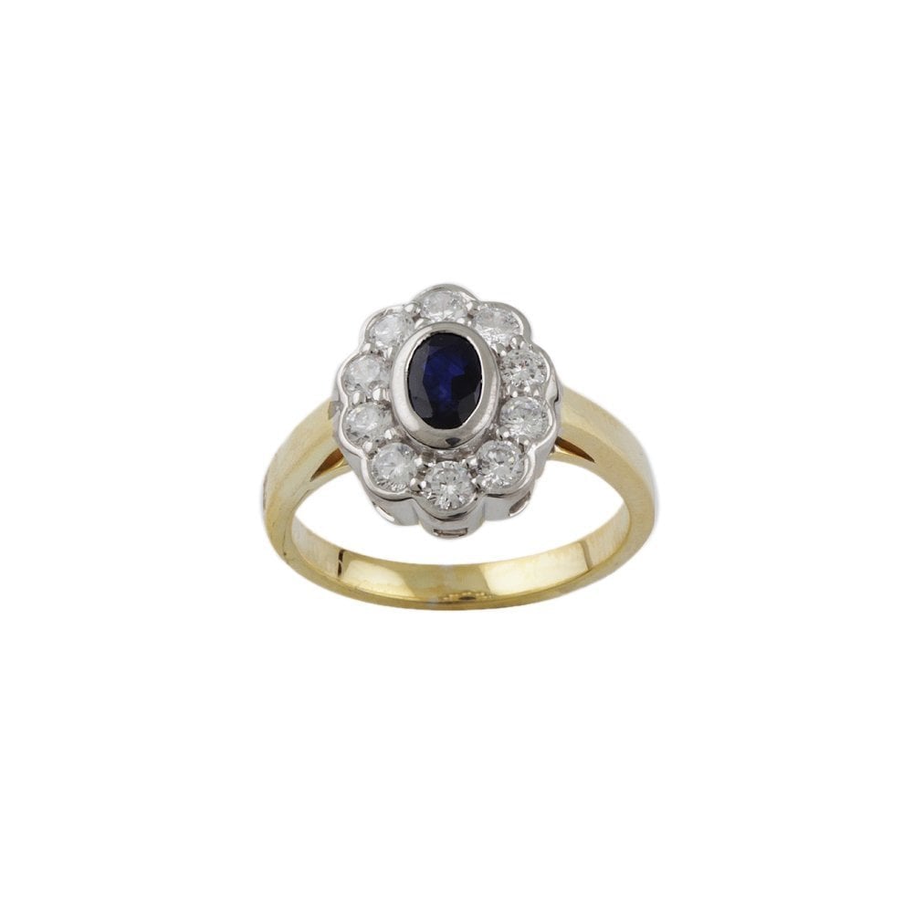 Yellow and White Gold 0.58ct Oval Blue Sapphire and 0.60ct Round Brilliant Diamond Cluster Ring