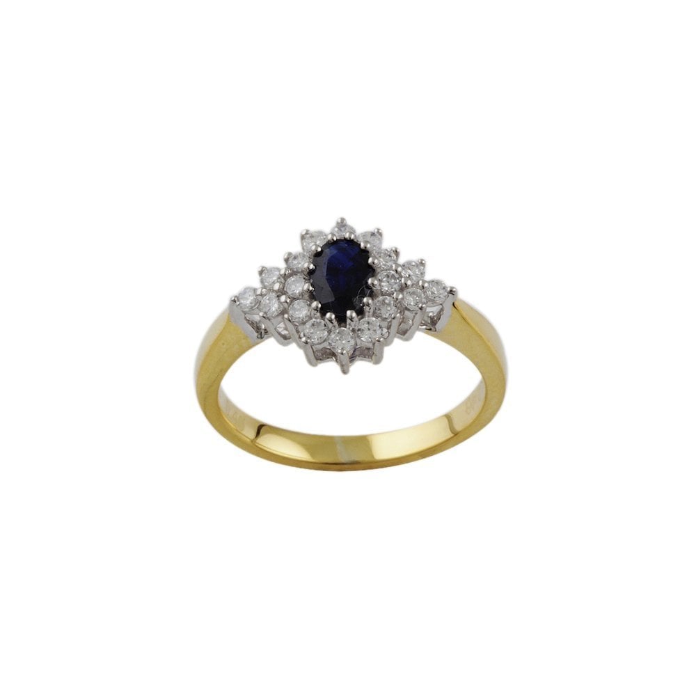 Yellow and White Gold 0.58ct Oval Blue Sapphire and 0.40ct Round Brilliant Diamond Cluster Ring