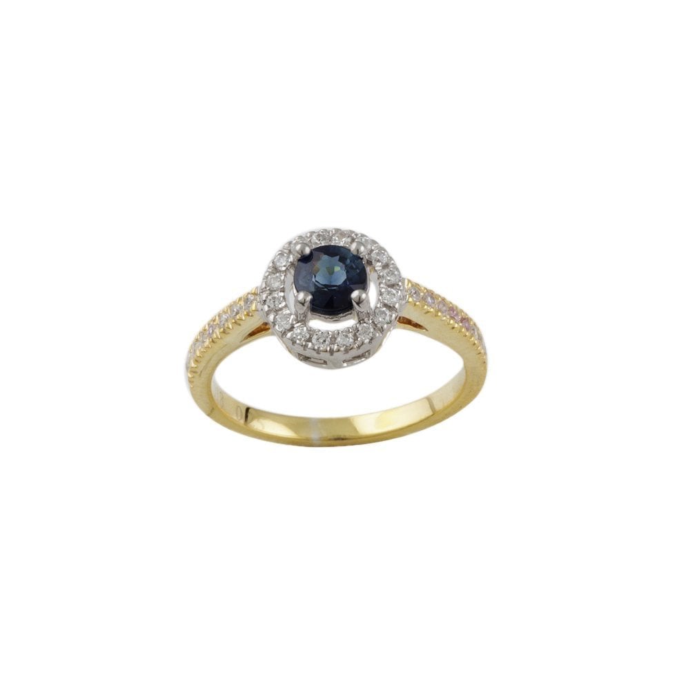 Yellow and White Gold 0.65ct Round Blue Sapphire and 0.25ct Round Brilliant Diamond Cluster Ring