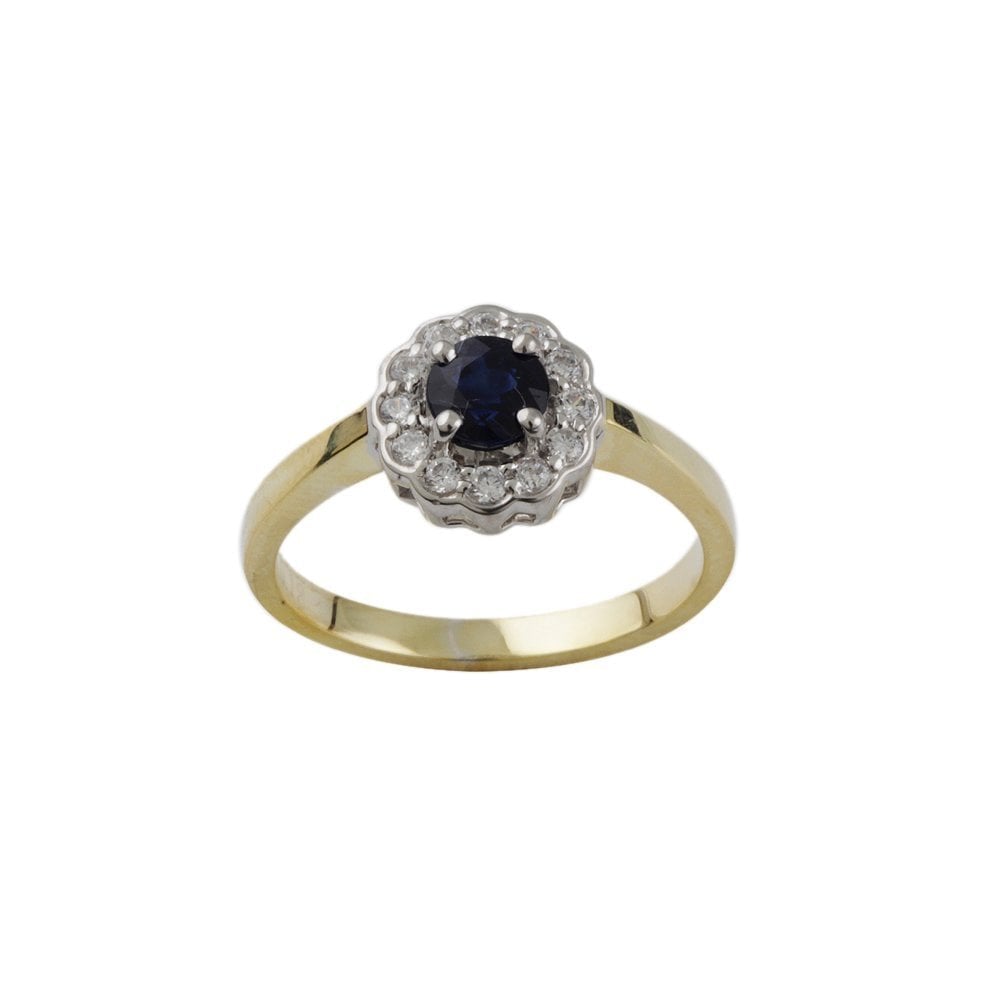 Yellow and White Gold 0.65ct Round Blue Sapphire and 0.18ct Round Brilliant Diamond Cluster Ring
