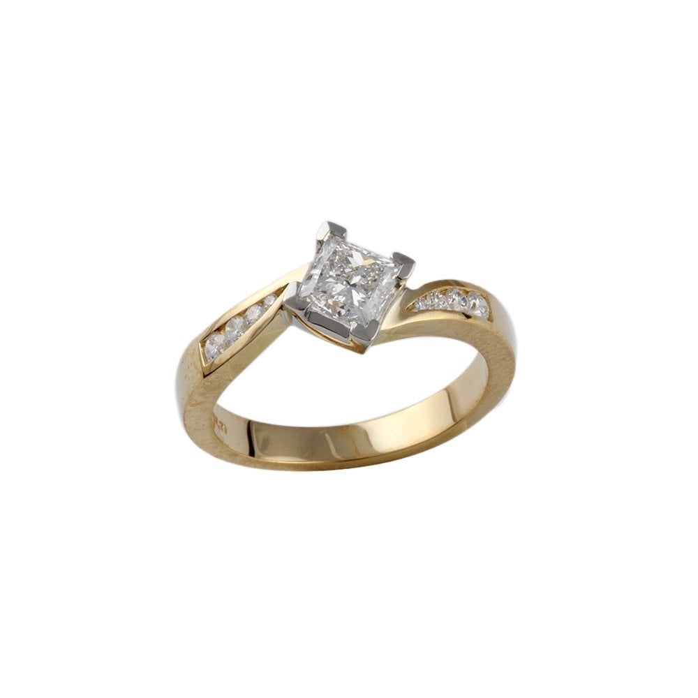 Yellow and White Gold Princess Cut Diamond Solitaire Ring With Studded Shank