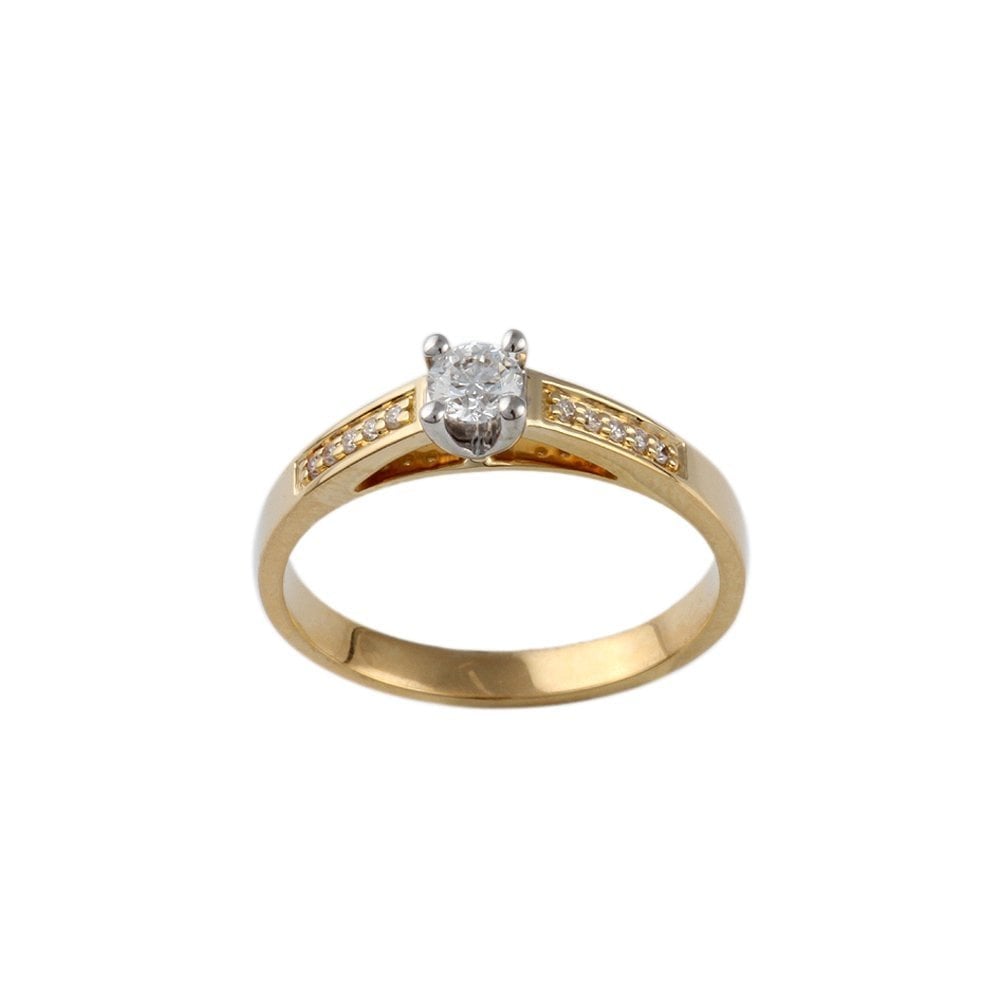 Yellow and White Gold Round Brilliant Diamond Solitaire Ring With Studded Shank